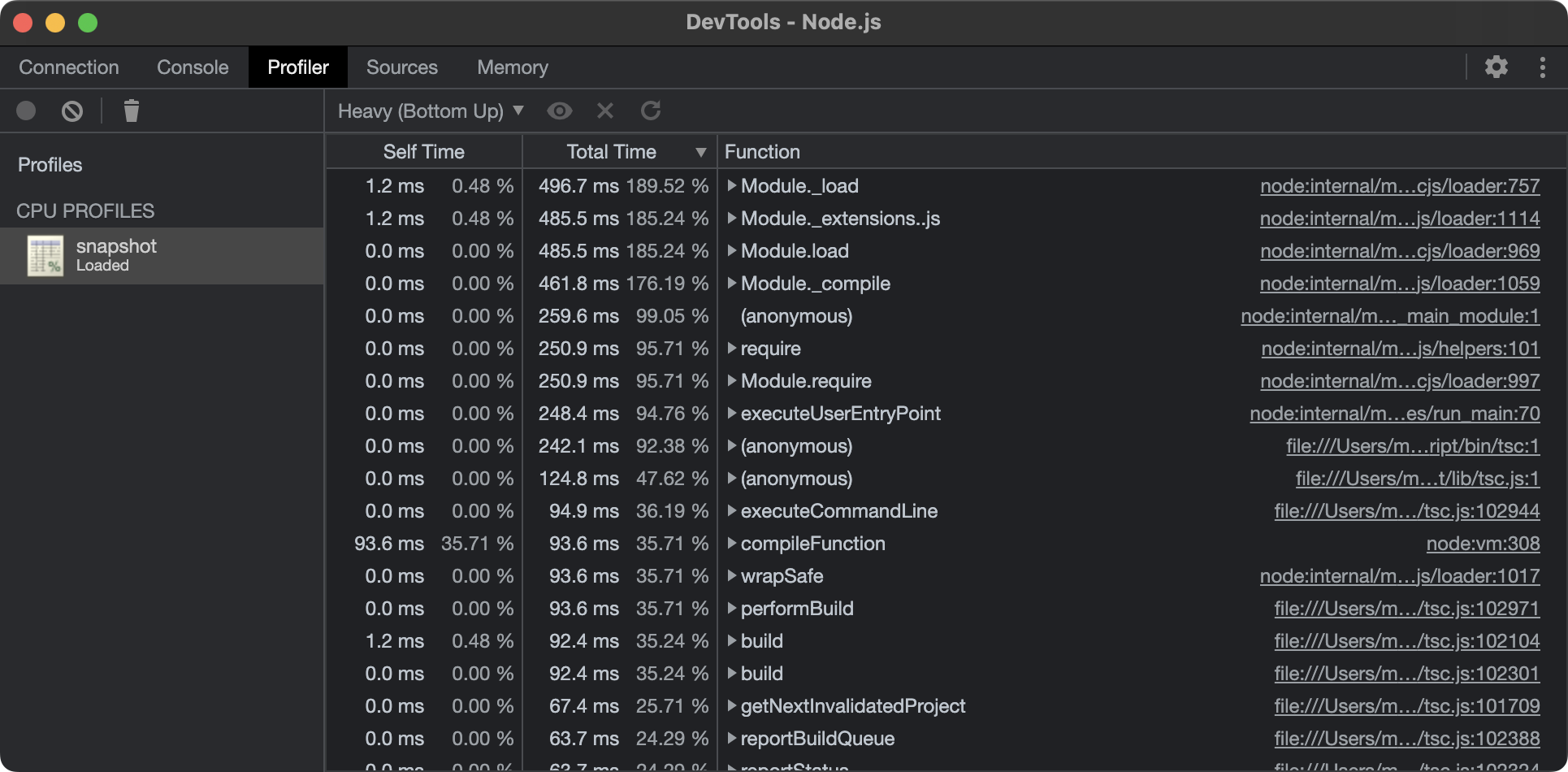 Bottom up profiler view