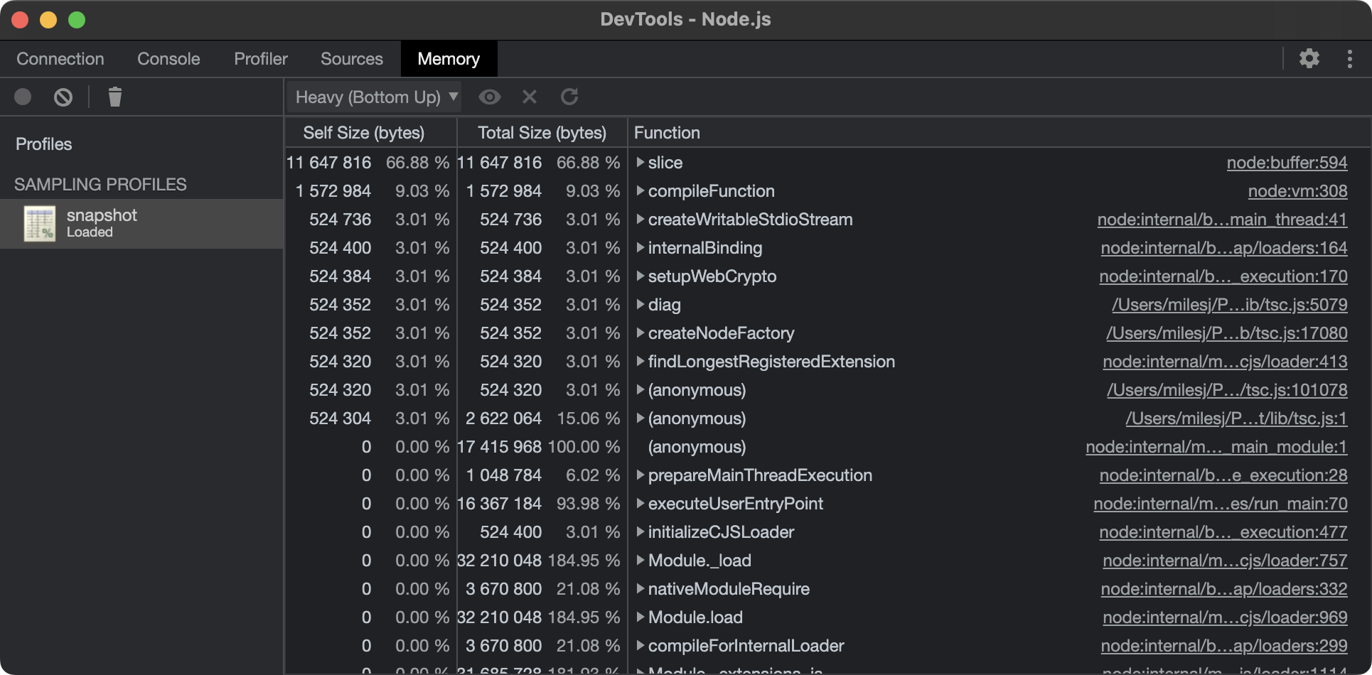 DevTools Profiler - Heap snapshot being analyzed through charts